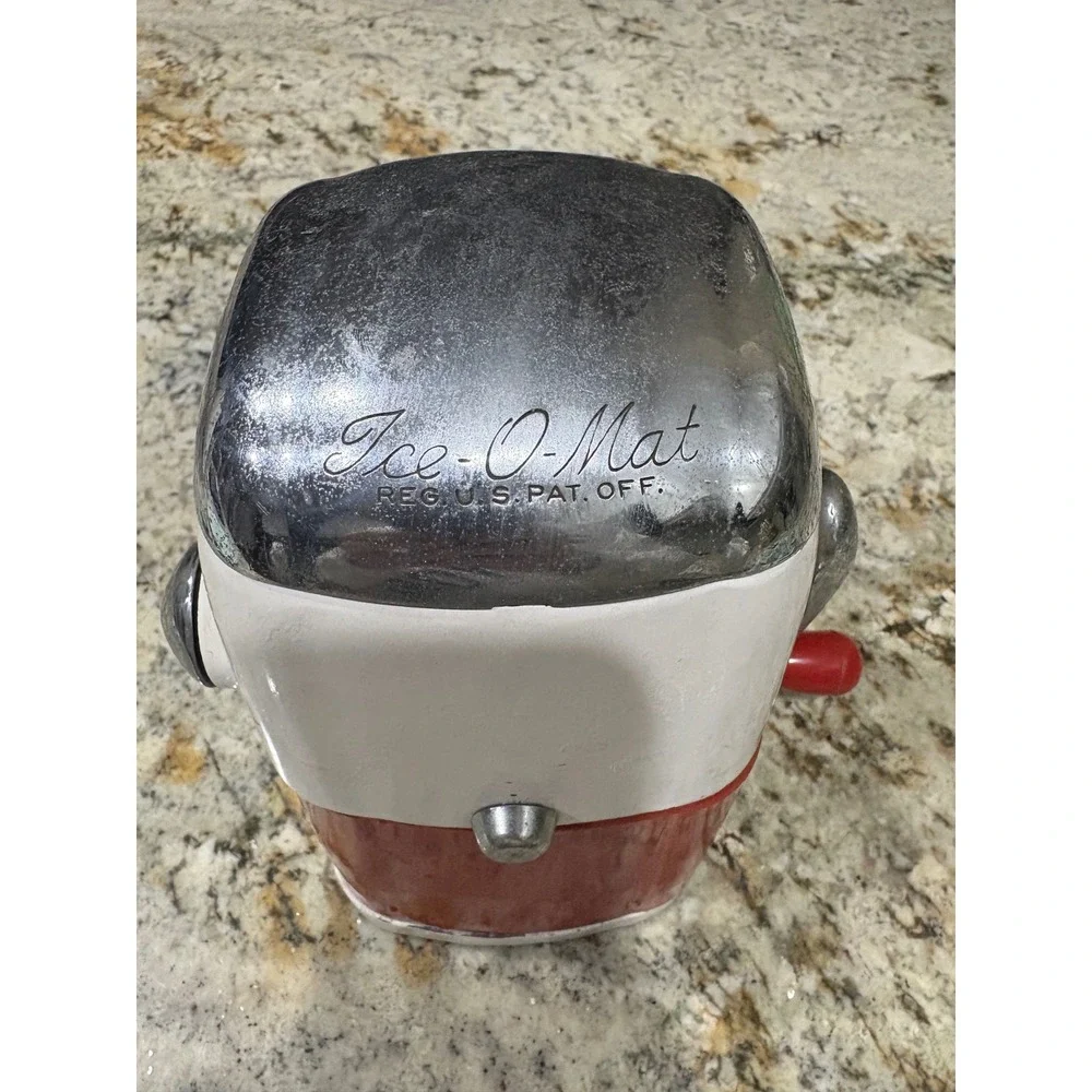 Vintage Ice O Mat Ice Crusher Manual Hand Crank Red White Barware Kitchen Tool‎